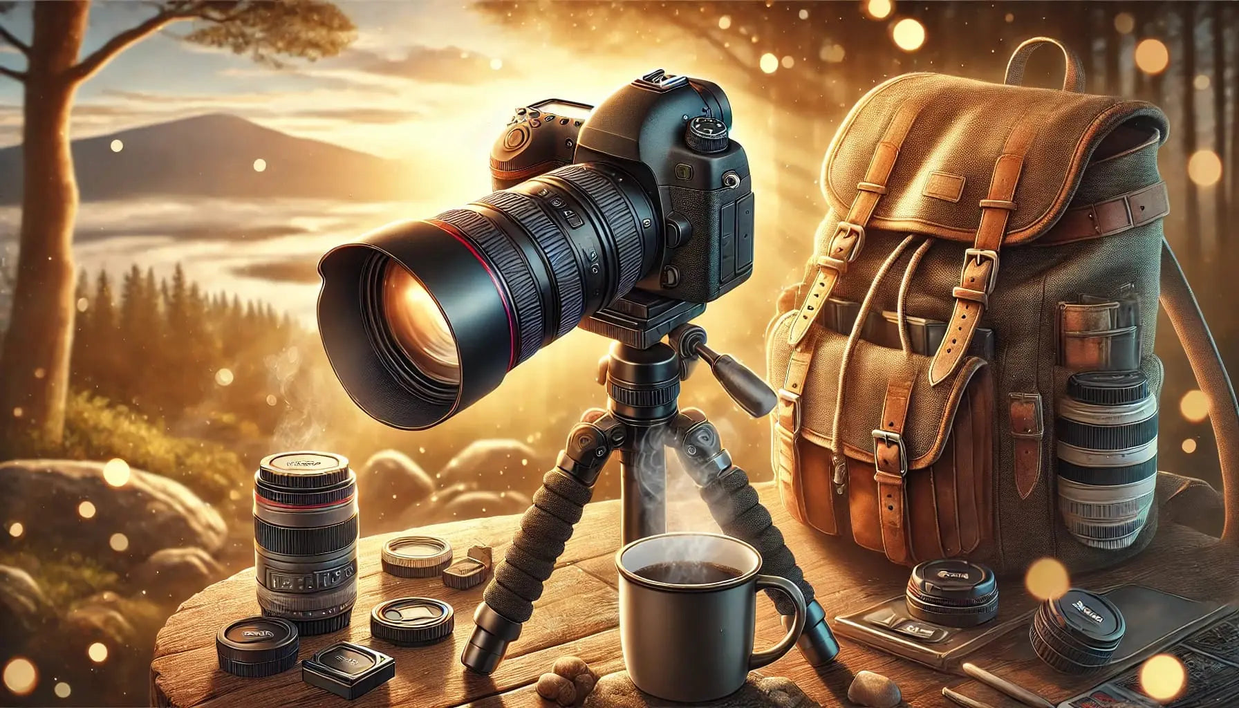 Fotografie (Objektive & Ausrüstung)
Eine Kamera mit verschiedenen Objektiven, Rucksack und Zubehör auf einem Tisch im Sonnenuntergang.