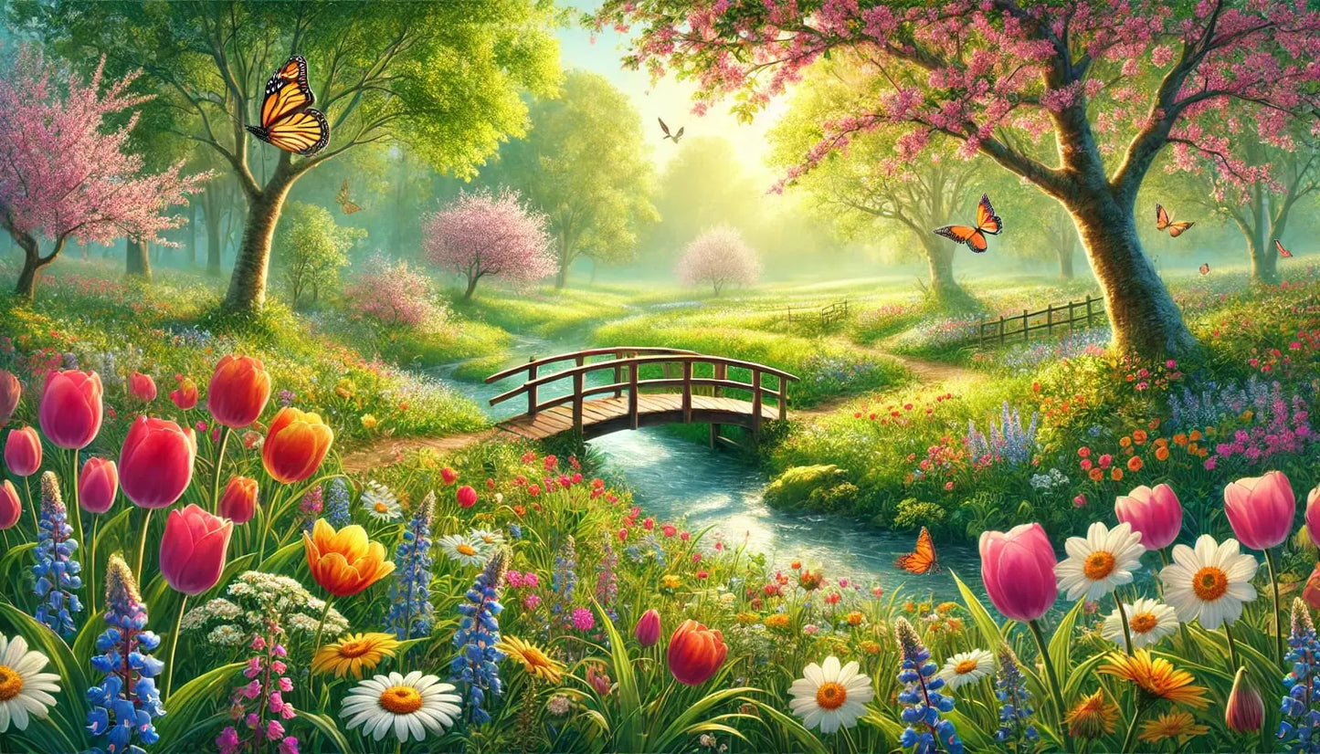 Blühende Frühlingslandschaft mit Brücke, Tulpen und bunten Blumen