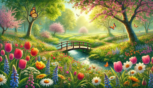 Blühende Frühlingslandschaft mit Brücke, Tulpen und bunten Blumen