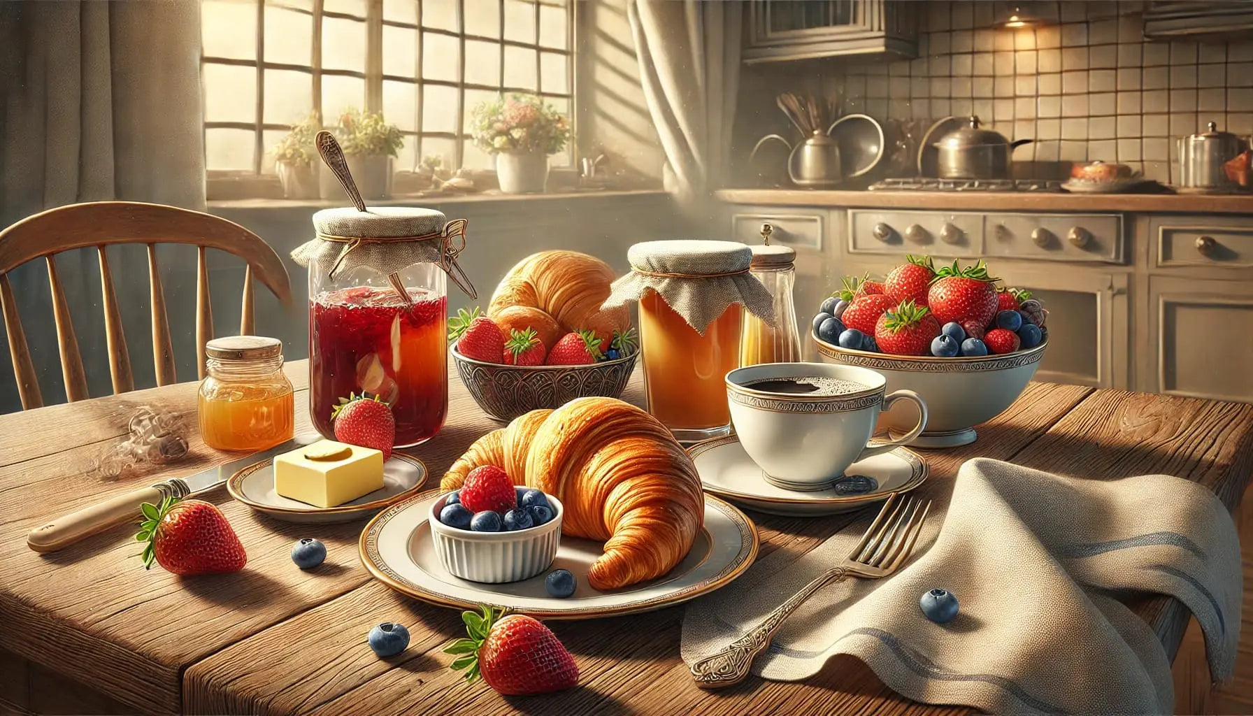 Frühstückstisch mit frischen Brötchen, Obst, Marmelade und Kaffee in gemütlichem Licht.
