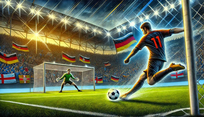 Fußball (Elfmeter)
Ein Fußballspieler schießt beim Elfmeterschuss auf das Tor – die Fans jubeln im Stadion.