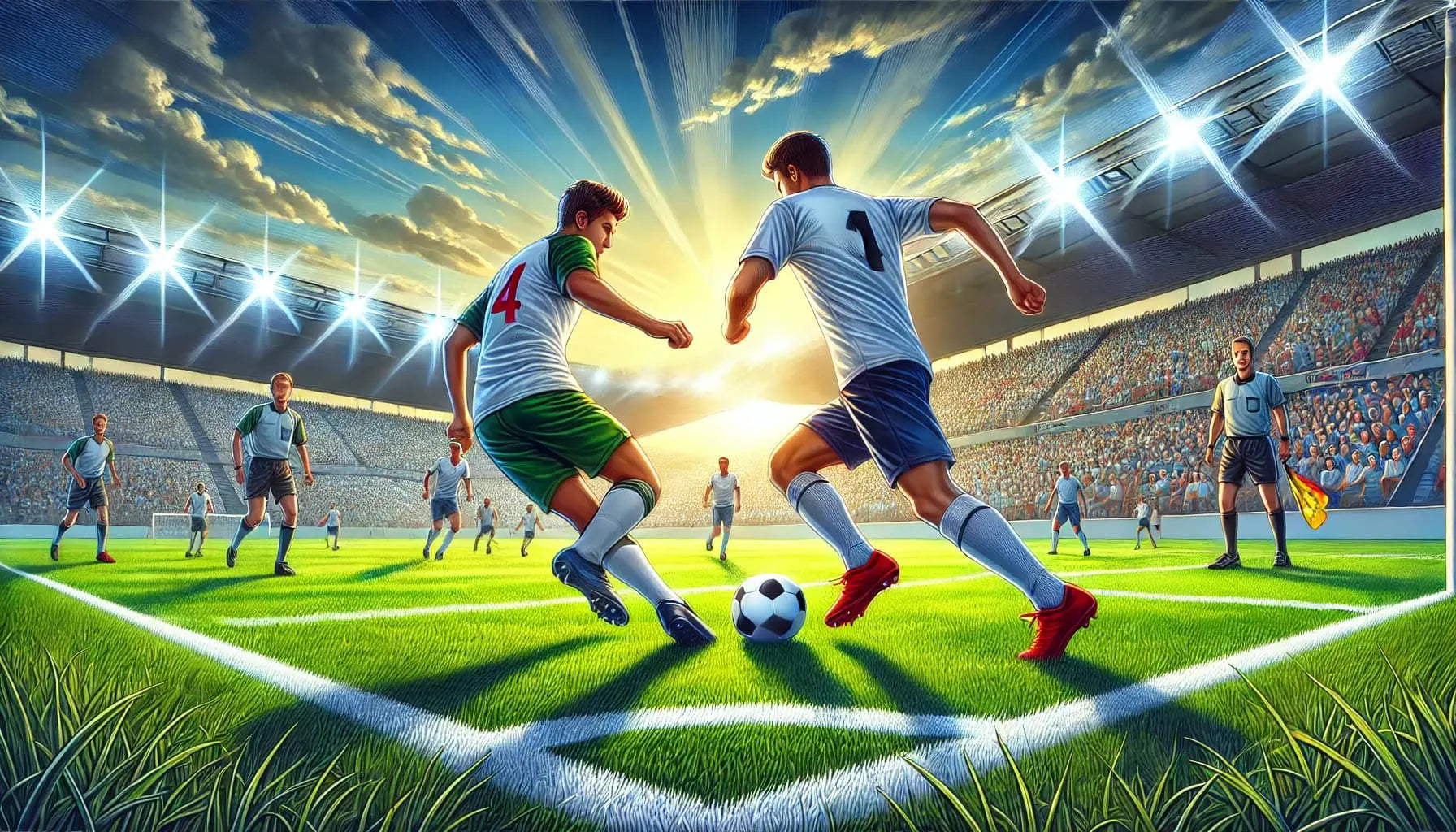 Fußball – Zweikampf:

Zwei Fußballspieler im intensiven Zweikampf auf dem Spielfeld, umgeben von Flutlicht und Zuschauermenge