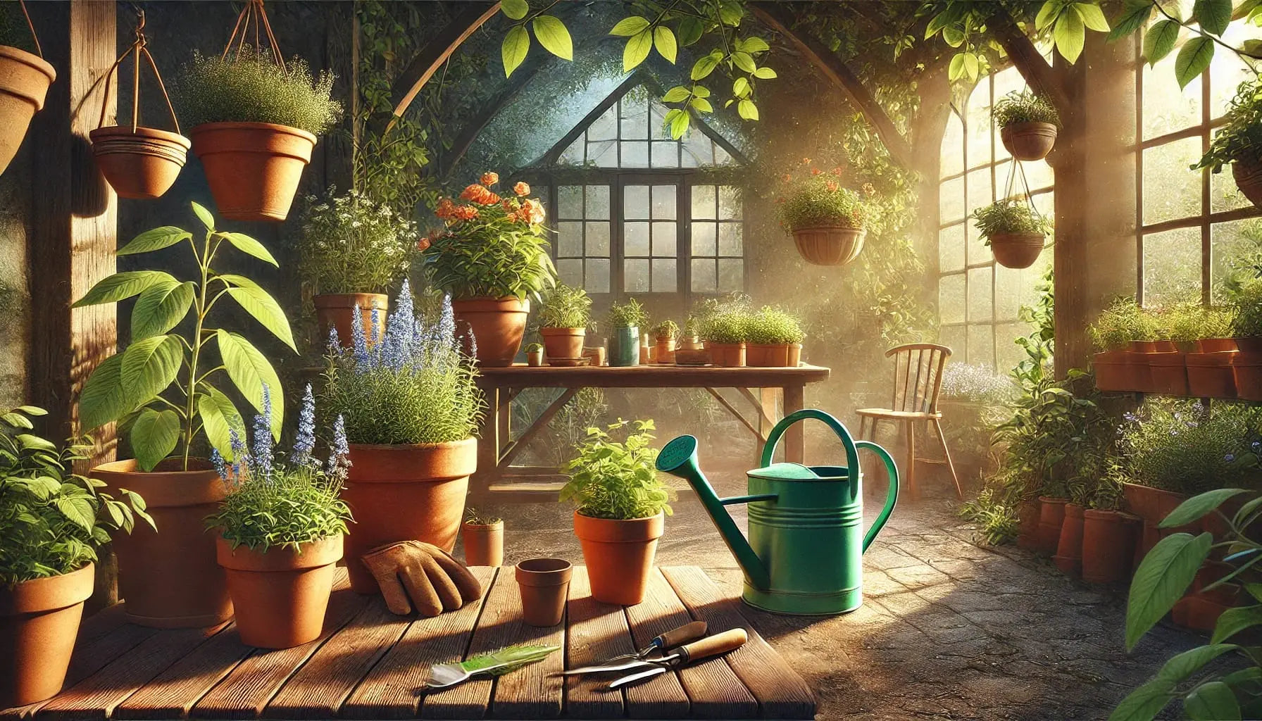 Gartenarbeit (im Gewächshaus)
Ein idyllisches Gewächshaus mit Blumentöpfen, Gartenwerkzeug und Sonnenlicht.