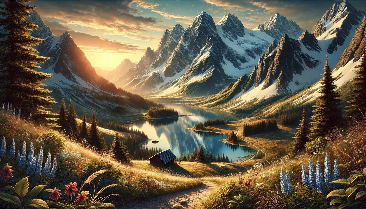 Schneebedeckte Berge mit einem Flusslauf im Vordergrund