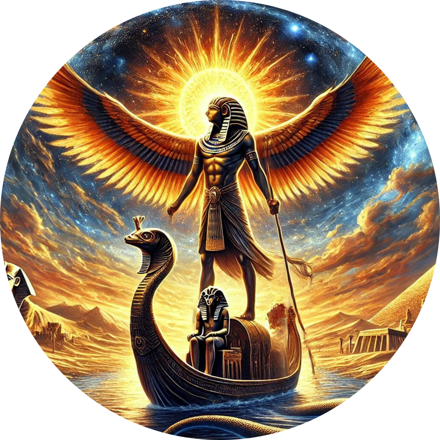 Ägyptische Göttin mit ausgebreiteten Flügeln auf einem Boot