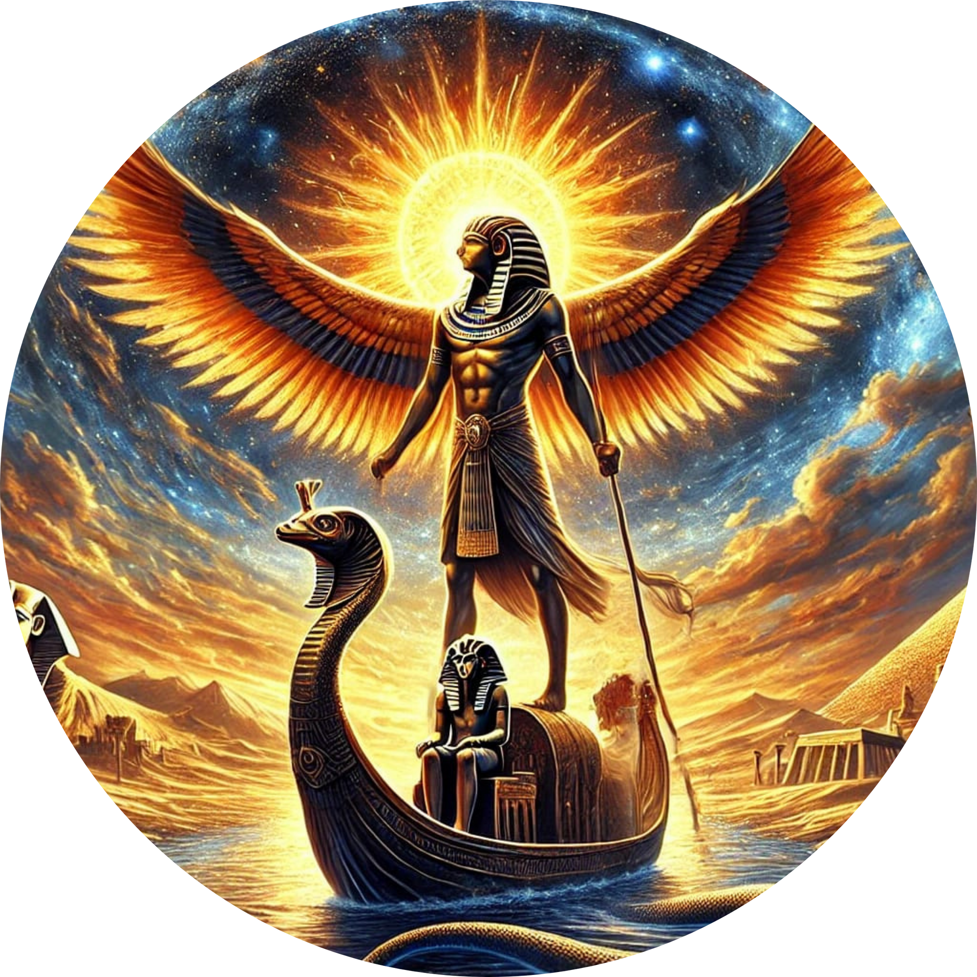 Ägyptische Göttin mit ausgebreiteten Flügeln auf einem Boot