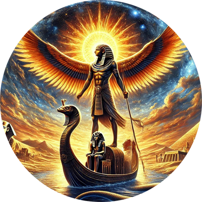 Ägyptische Göttin mit ausgebreiteten Flügeln auf einem Boot