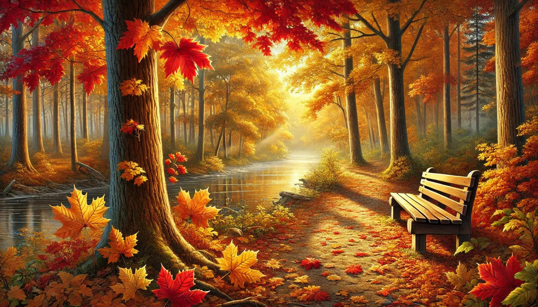 Sonnenstrahlen im Herbstwald mit goldenen Blättern und Lichtspiel