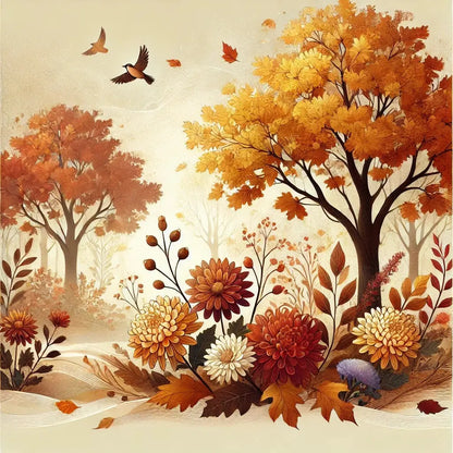 Herbstliche Szene mit Pilzen, Laub und Eichhörnchen