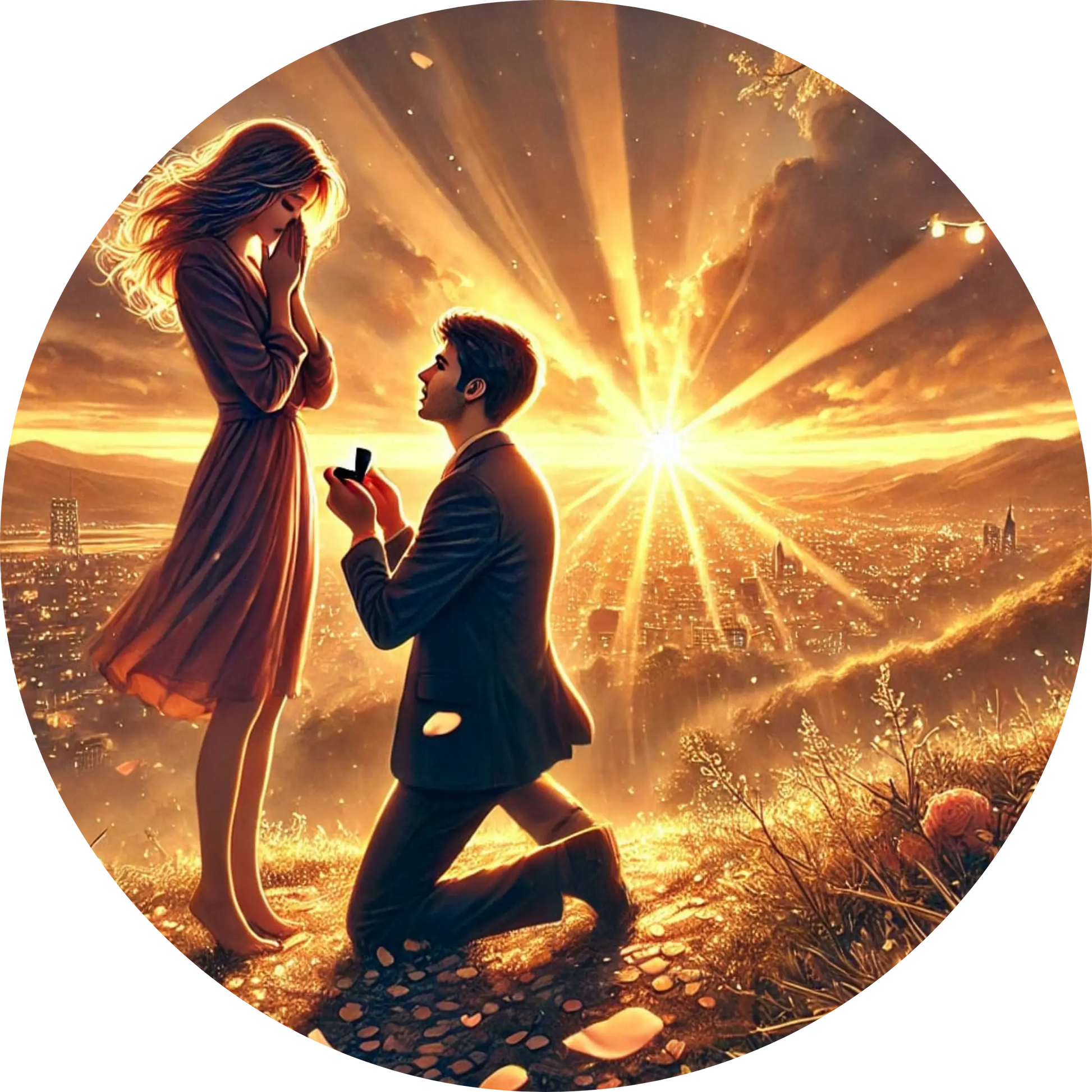 Romantischer Heiratsantrag bei Sonnenuntergang auf einem Hügel mit goldener Lichtstimmung