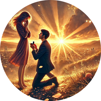 Romantischer Heiratsantrag bei Sonnenuntergang auf einem Hügel mit goldener Lichtstimmung