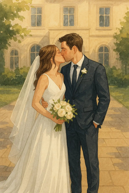 Brautpaar küsst sich vor einem eleganten Gebäude, beide in festlicher Hochzeitskleidung, die Braut hält einen weißen Blumenstrauß.