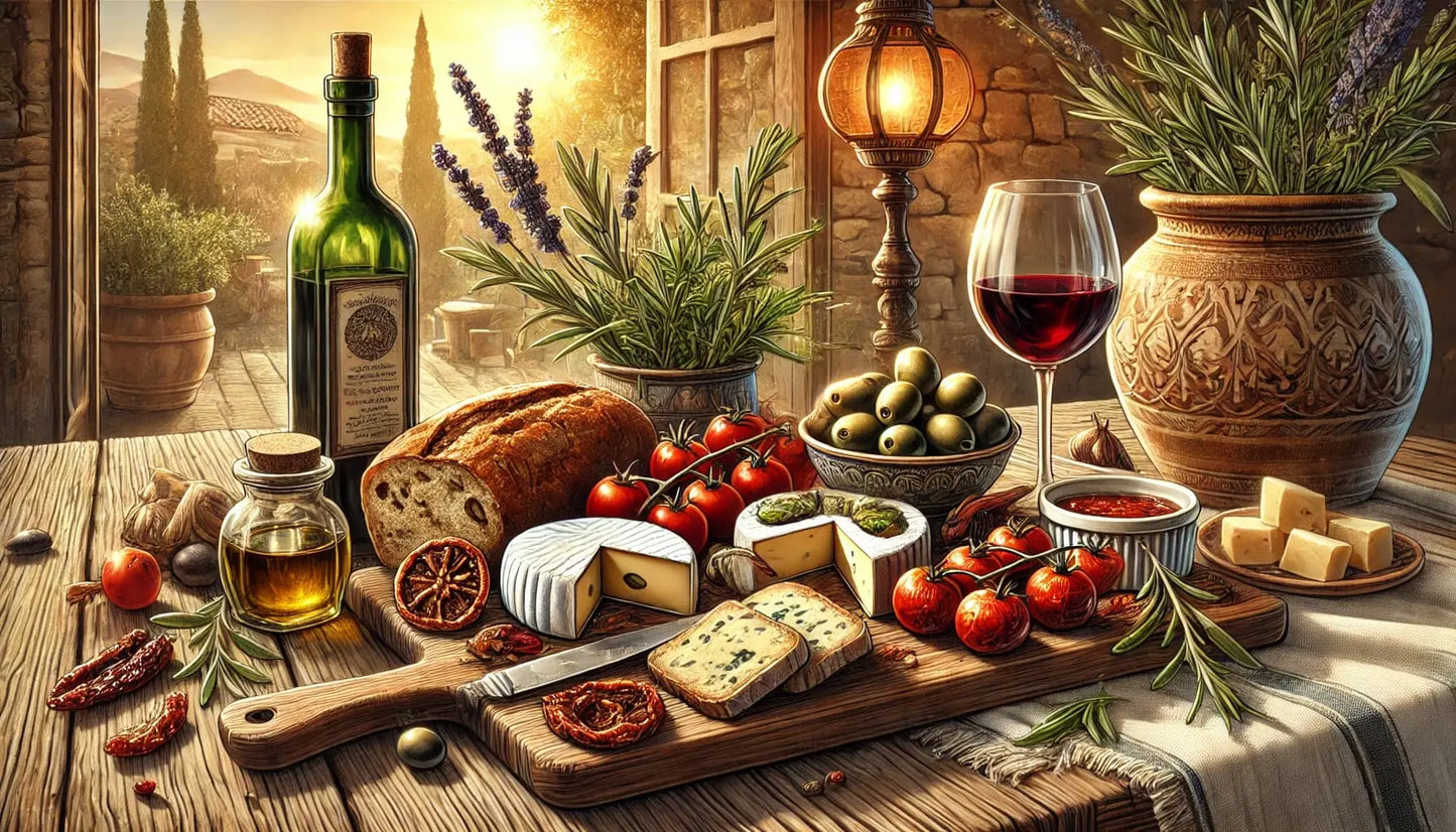 Mediterrane Tafel mit Oliven, Wein, Kräutern und Brot auf Steinplatte im Freien.