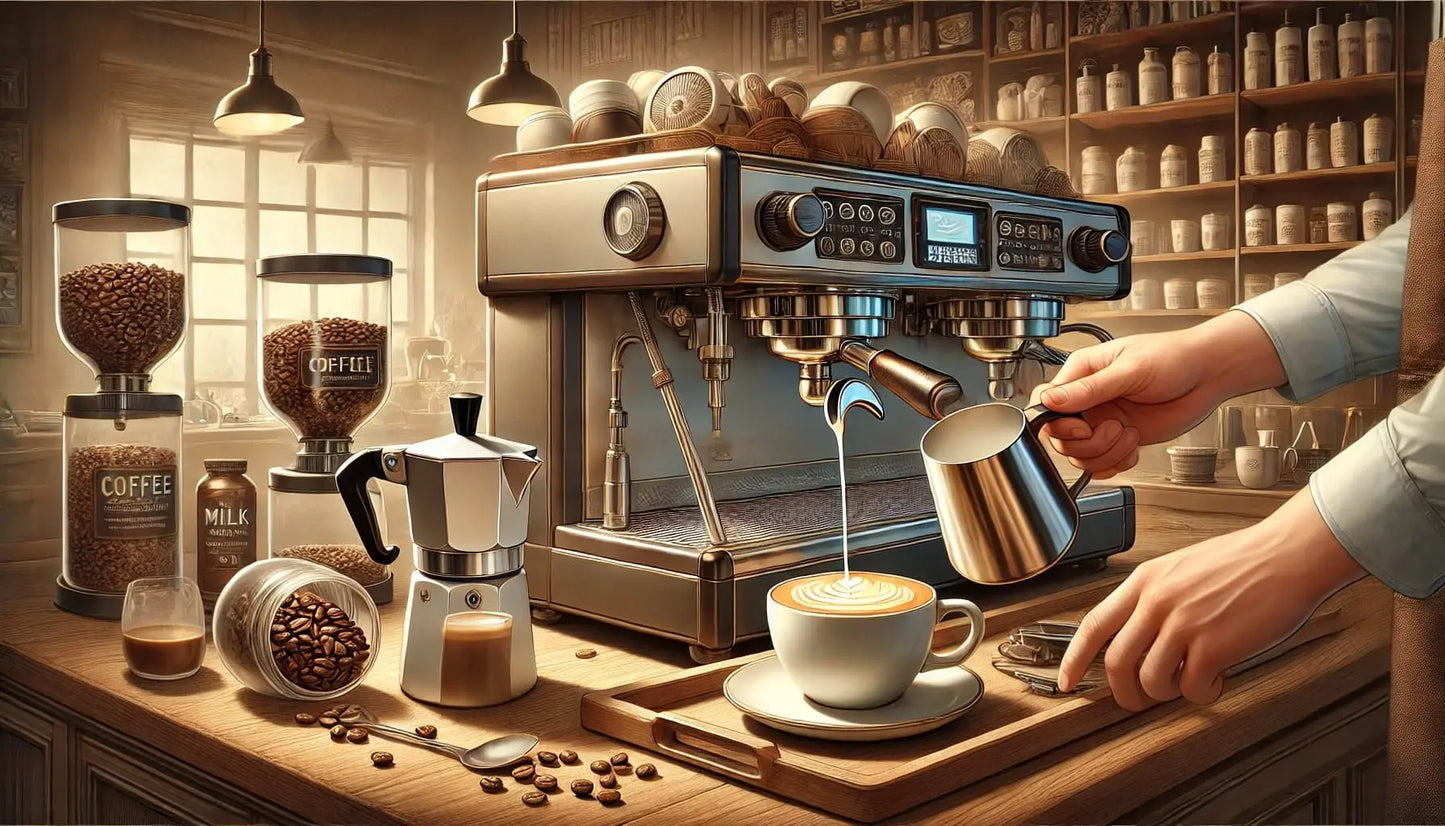 Barista-Szene mit Siebträgermaschine, Tassen und Bohnen im Vintage-Stil.