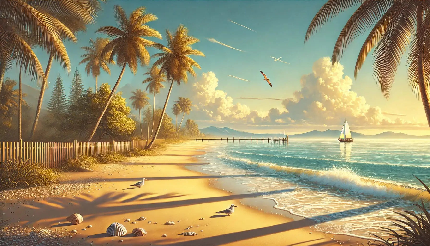 Karibischer Strand mit Palmen und ruhigem Meer