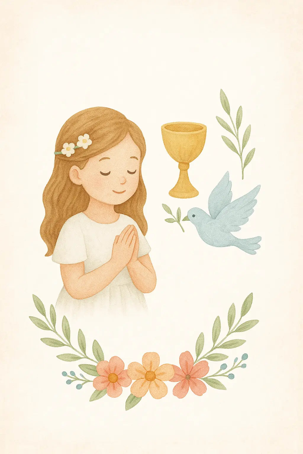Mädchen mit Blumenkranz, Kelch und Herzsymbol – verspieltes Kommunionmotiv