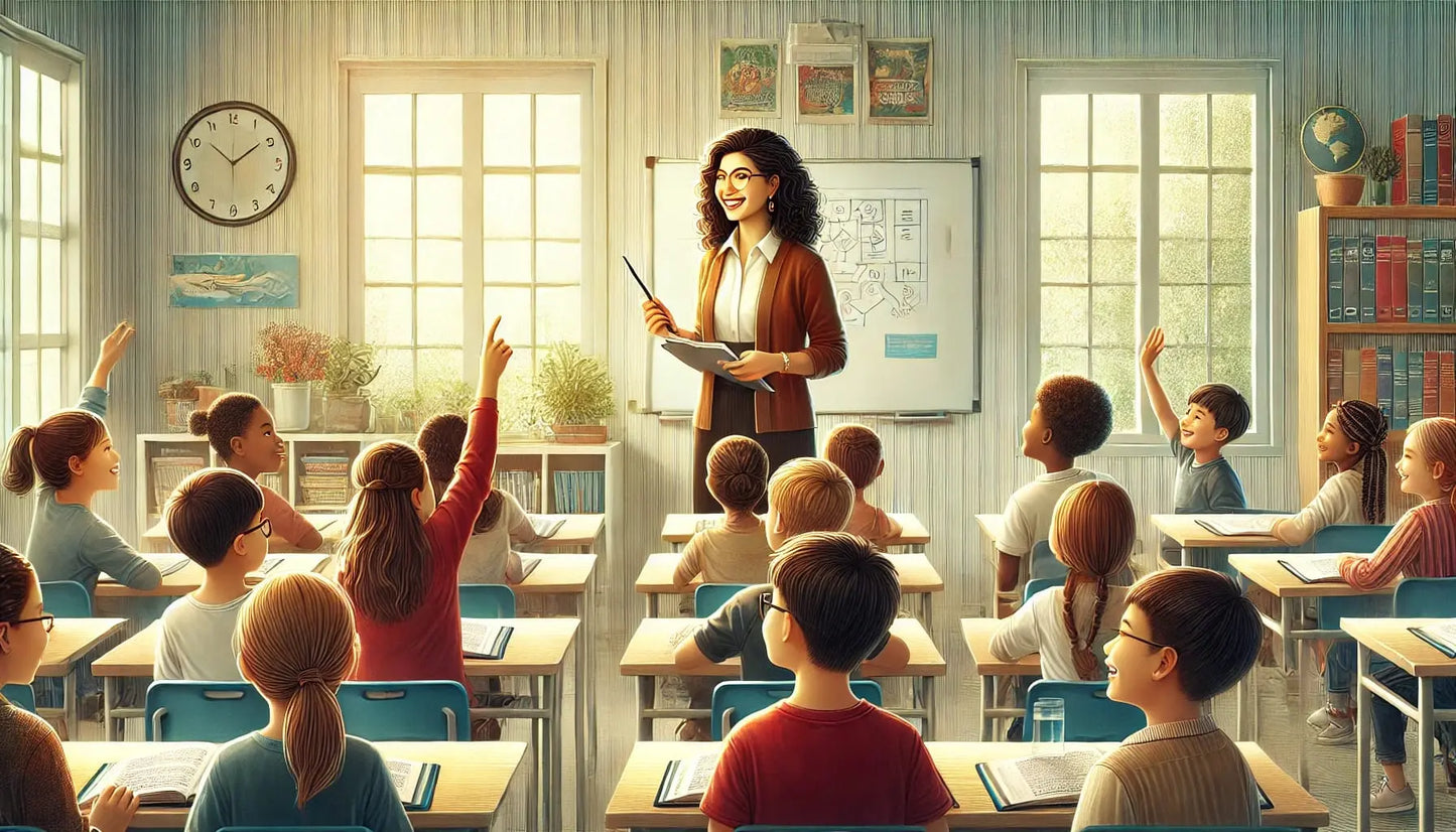 Lehrerin im Klassenraum
Essbarer Tortenaufleger im DIN A4 Format – Motiv einer fröhlichen Lehrerin mit Schülern im Klassenzimmer, ideal als Dankeschön oder zum Abschied