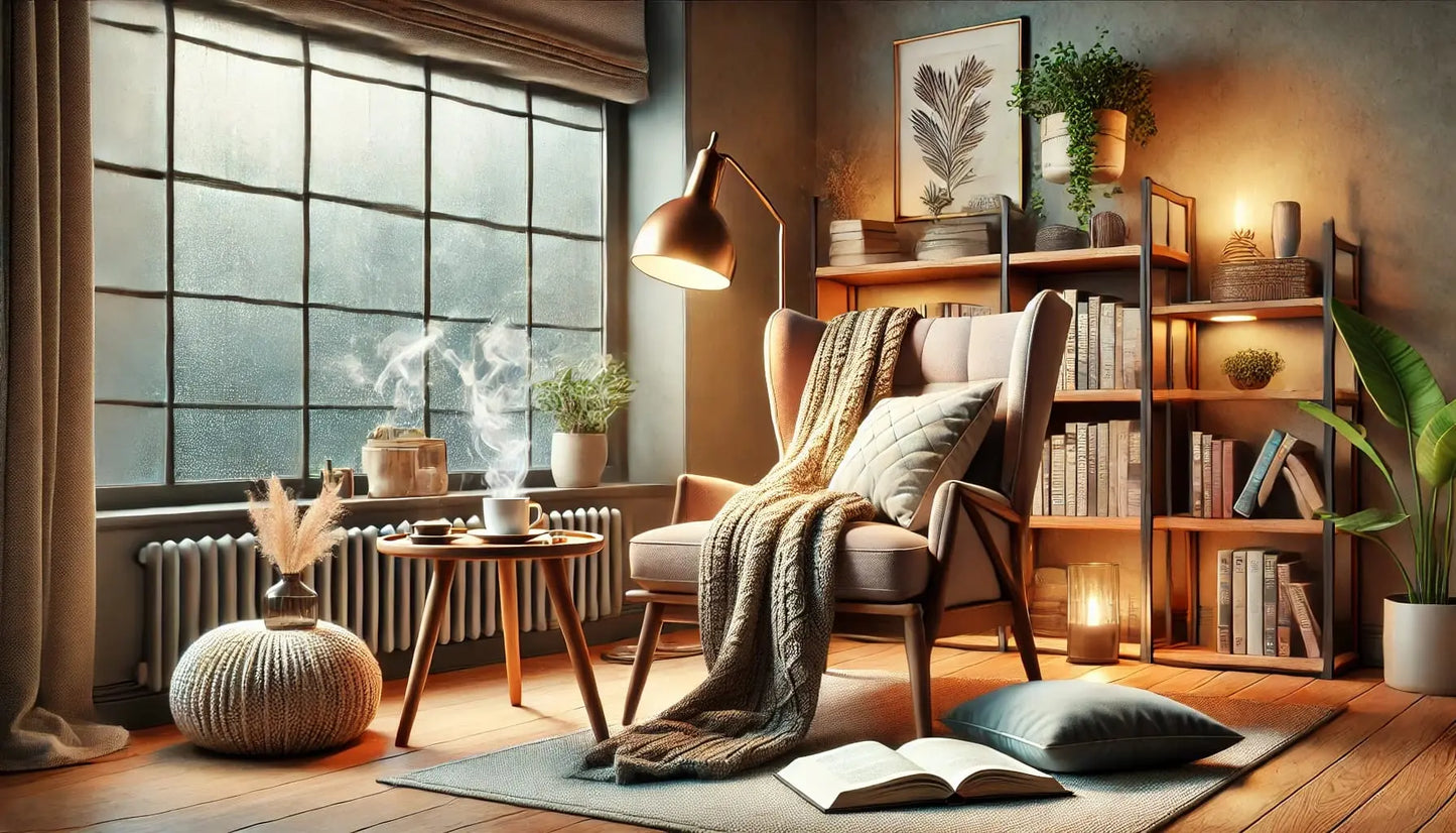Lesen – gemütlich:

Gemütlicher Lesesessel mit Kissen, Decke, Bücherregal und dampfendem Tee – perfekte Leseecke
