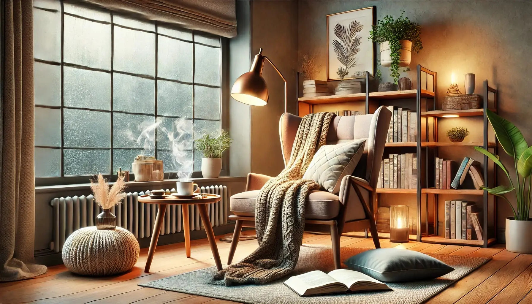 Lesen – gemütlich:

Gemütlicher Lesesessel mit Kissen, Decke, Bücherregal und dampfendem Tee – perfekte Leseecke