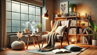 Lesen – gemütlich:

Gemütlicher Lesesessel mit Kissen, Decke, Bücherregal und dampfendem Tee – perfekte Leseecke