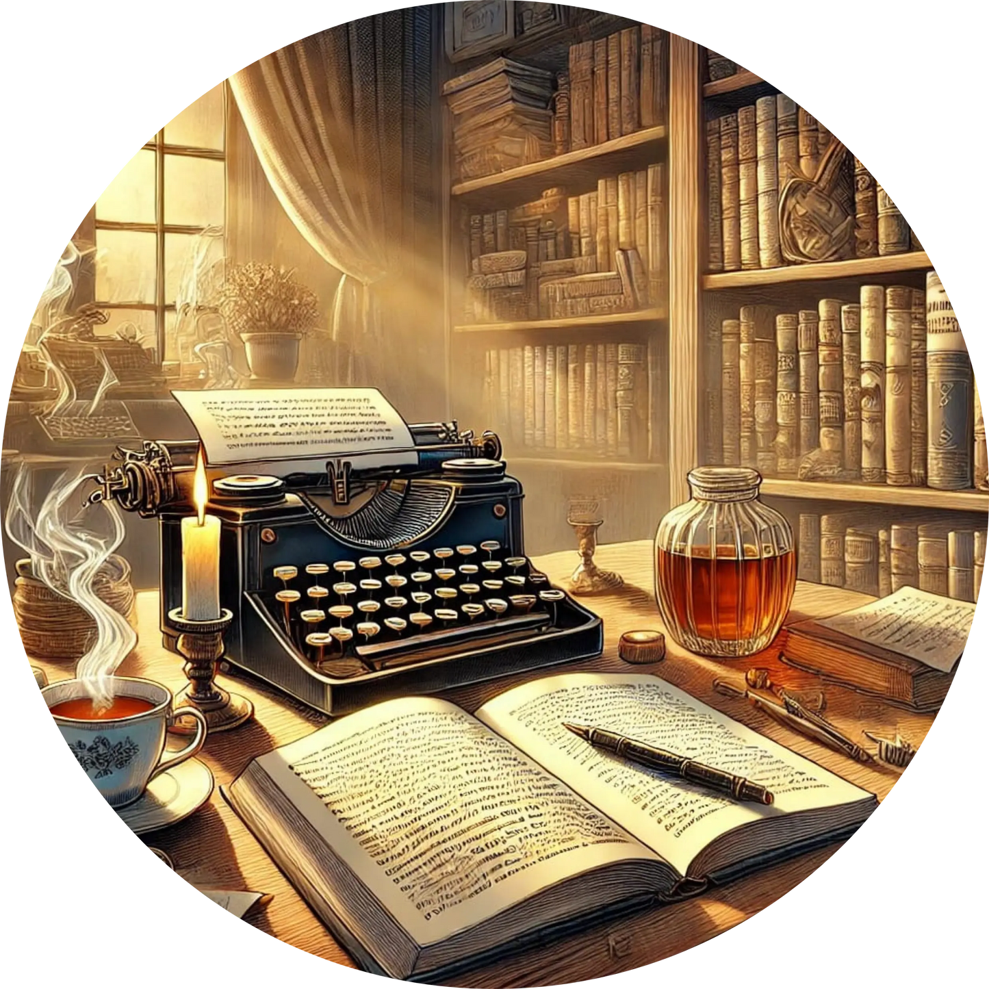 Schreibmaschine, Bücher und Kerze auf nostalgischem Tisch
Gemütliche Vintage-Szene mit Schreibmaschine, Notizbuch, Teetasse und Kerzenschein – perfekt für Schreibfans.