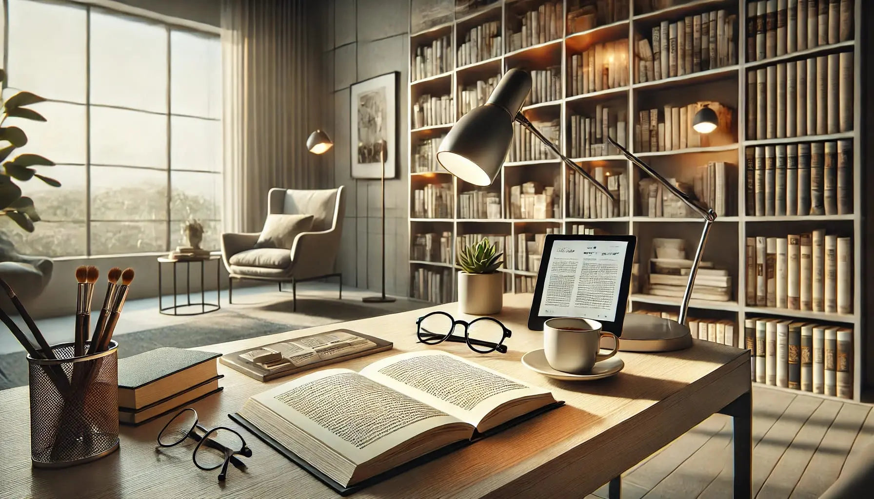 Lesen – modern:

Aufgeschlagenes Buch mit Brille und Tablet auf Schreibtisch vor Bücherwand – digitales und analoges Lesen vereint