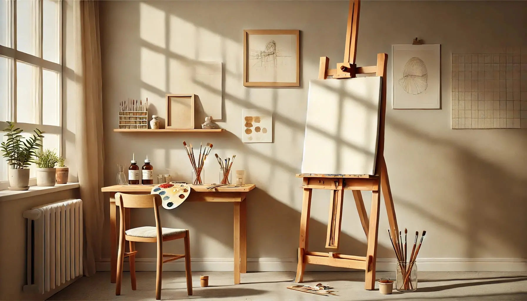 Malen – minimalistisch:

Aufgeräumter, heller Künstlerarbeitsplatz mit Staffelei, Pinseln und Farbpalette – kreative Atmosphäre