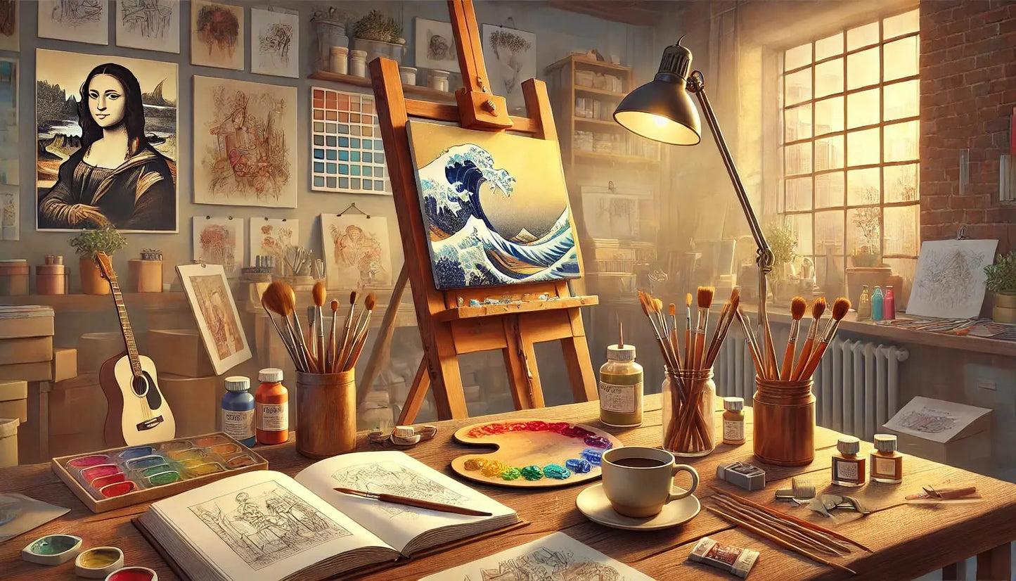 Malen – künstlerisch/chaotisch:

Künstleratelier mit vielen Pinseln, Farbtöpfen, Skizzen und einer bemalten Leinwand – lebendige Kreativszene