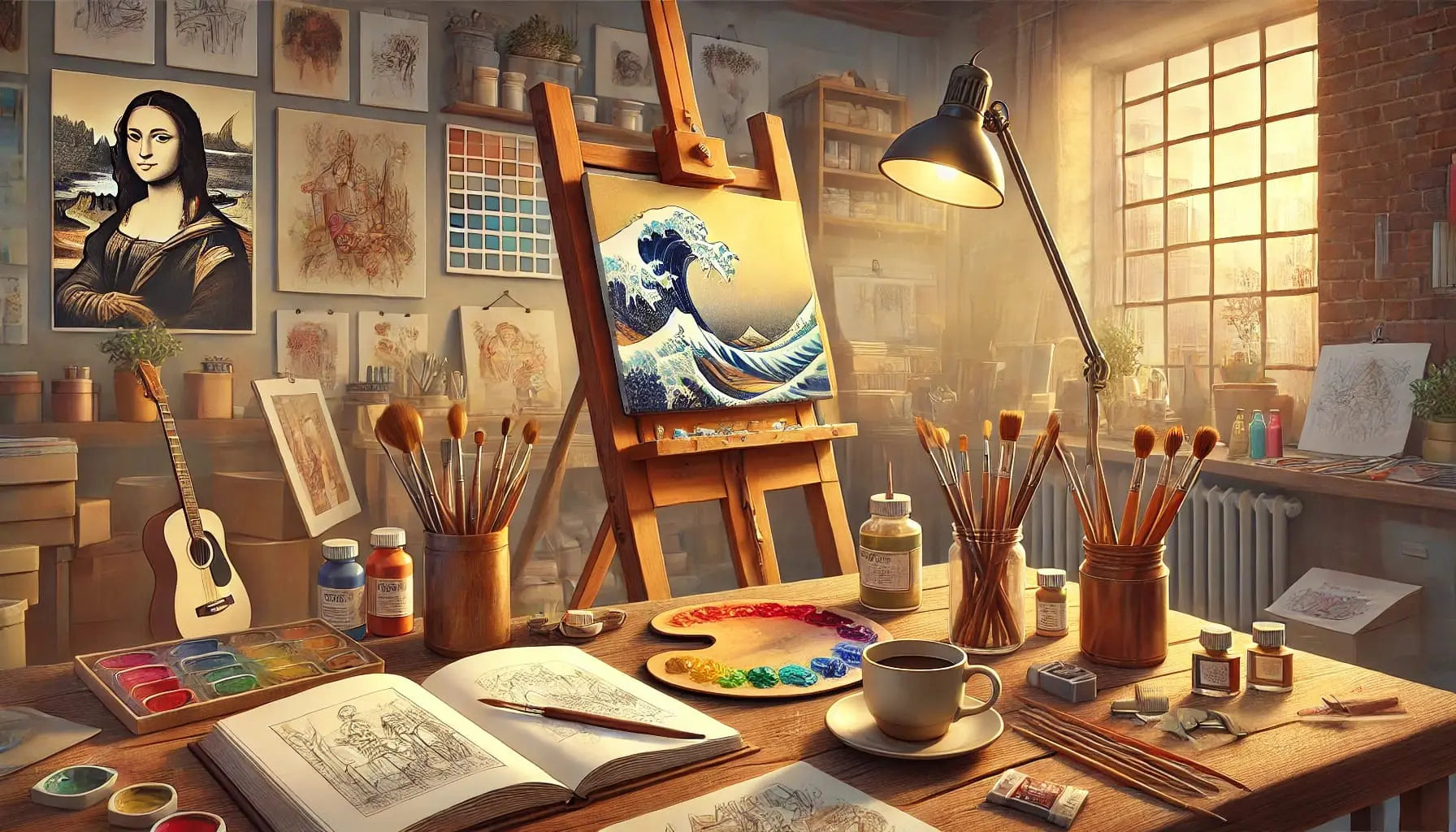 Malen – künstlerisch/chaotisch:

Künstleratelier mit vielen Pinseln, Farbtöpfen, Skizzen und einer bemalten Leinwand – lebendige Kreativszene