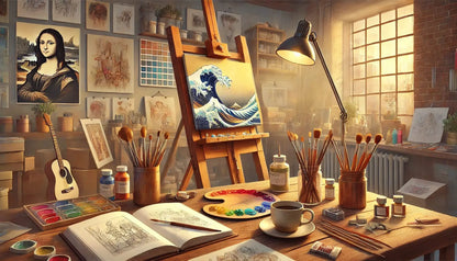 Malen – künstlerisch/chaotisch:

Künstleratelier mit vielen Pinseln, Farbtöpfen, Skizzen und einer bemalten Leinwand – lebendige Kreativszene