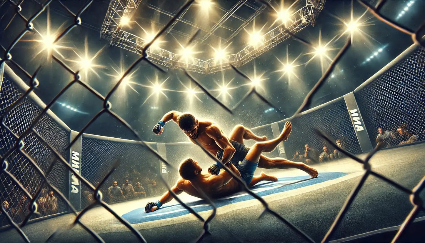 mma.jpg
Zwei MMA-Kämpfer im Oktagon, einer dominiert den anderen am Boden, Zuschauer und grelles Licht im Hintergrund.