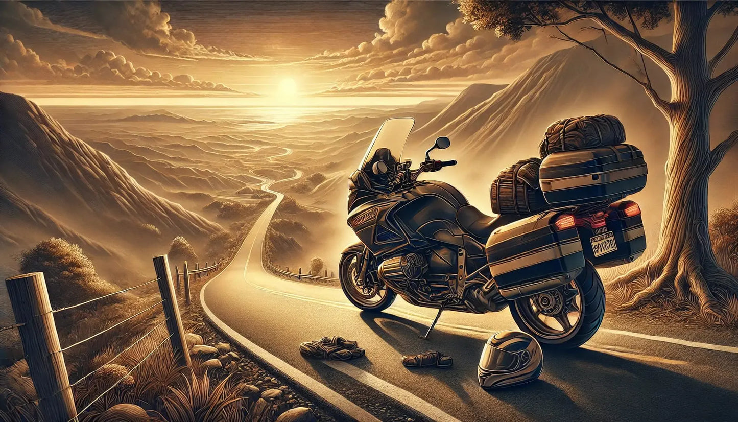 Tourenmotorrad auf einer kurvigen Bergstraße bei Sonnenuntergang, mit Helmen und Gepäck am Straßenrand.