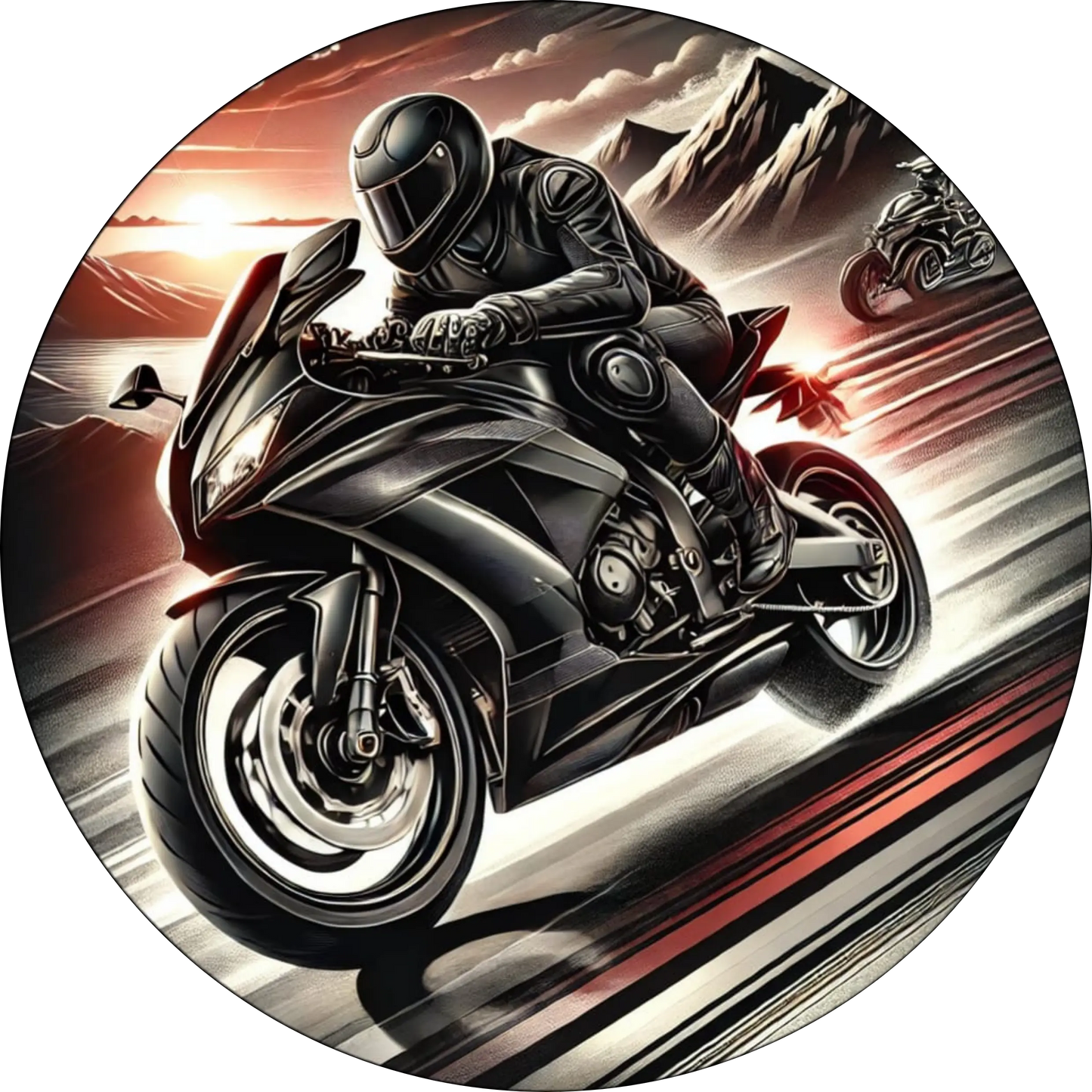 Ein schwarzes Motorrad in voller Fahrt auf einer leeren Landstraße bei Sonnenuntergang – ein dynamisches Motiv für Motorradfans und Adrenalinjunkies.