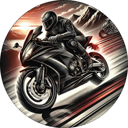 Ein schwarzes Motorrad in voller Fahrt auf einer leeren Landstraße bei Sonnenuntergang – ein dynamisches Motiv für Motorradfans und Adrenalinjunkies.