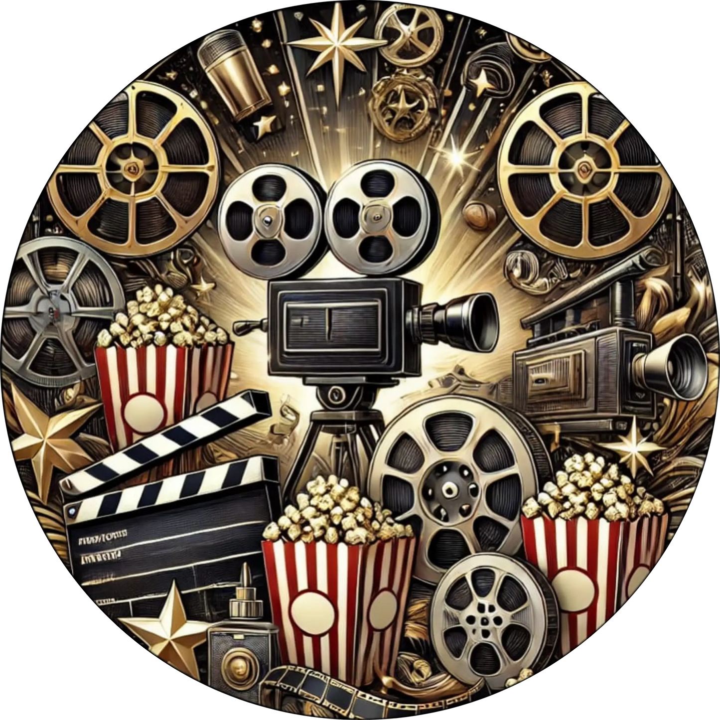 Vintage-Kamera, Filmrollen und Popcorn in einem stimmungsvollen Licht – ideal für Cineasten, Filmliebhaber und Kinofans.