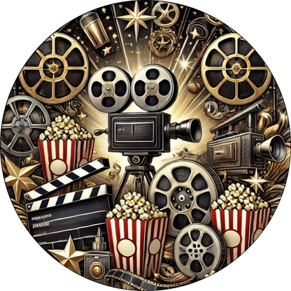 Vintage-Kamera, Filmrollen und Popcorn in einem stimmungsvollen Licht – ideal für Cineasten, Filmliebhaber und Kinofans.