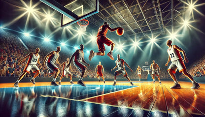 Dynamische Szene eines Basketballspiels in einer großen Halle, Spieler in Aktion mit einem Dunk unter hellem Flutlicht.