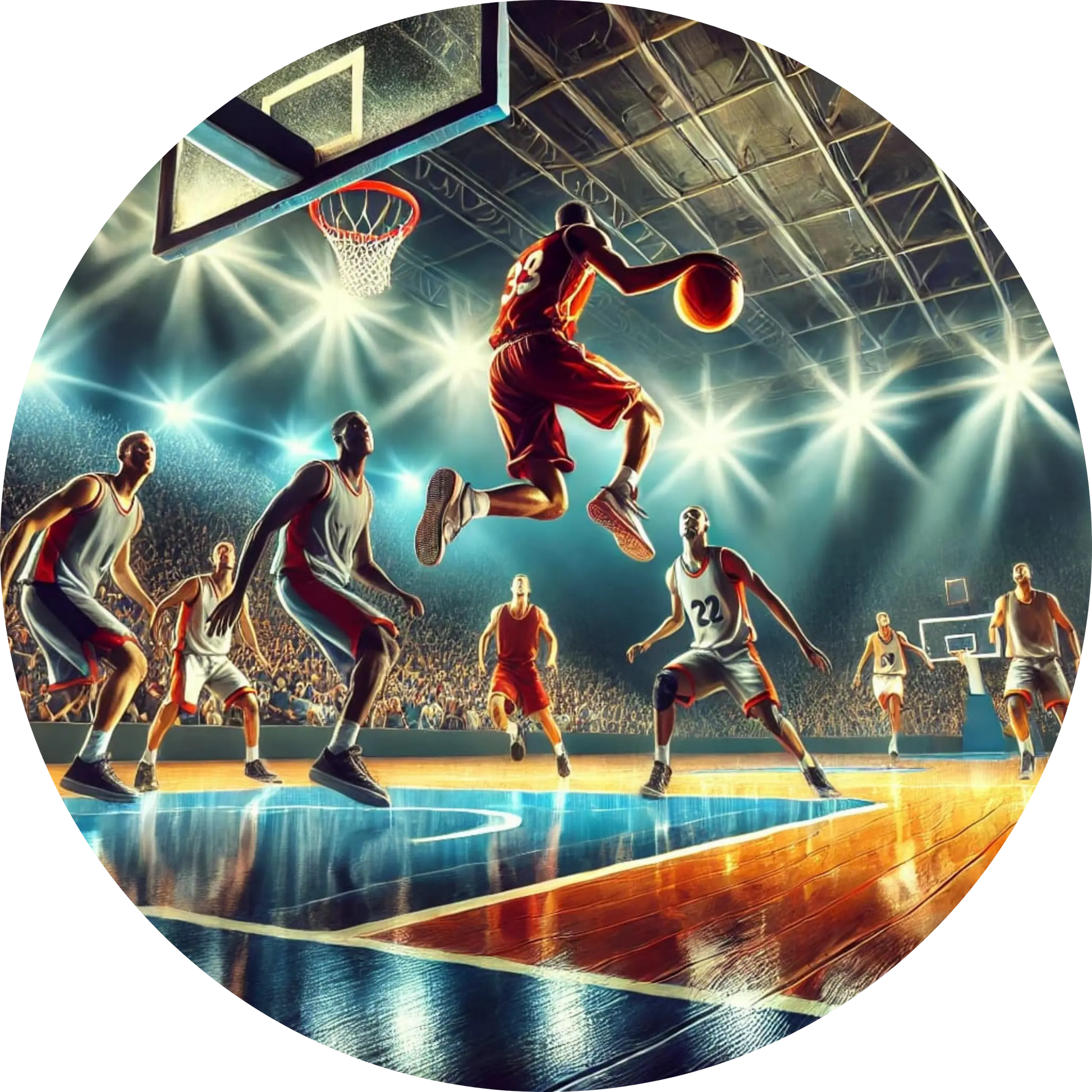 Basketballspieler in Aktion vor leuchtenden Lichtern, mitten im Sprung – ein energiegeladenes Motiv für Sport- und Basketballfreunde.