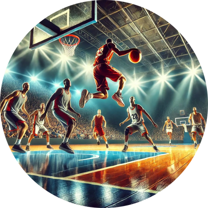 Basketballspieler in Aktion vor leuchtenden Lichtern, mitten im Sprung – ein energiegeladenes Motiv für Sport- und Basketballfreunde.