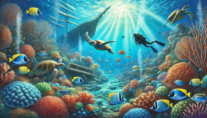 Korallenlandschaft mit bunten Fischen im türkisfarbenen Wasser

