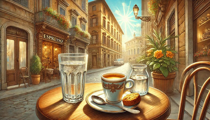 Straßencafé-Szene mit Espresso, Wasser und Gebäck in sonniger Altstadt.
