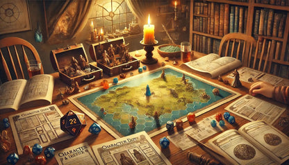 Detailreiche Fantasy-Spielszene mit Spielbrett, Würfeln, Figuren, Charakterbögen und Kerzenlicht in gemütlicher Atmosphäre.