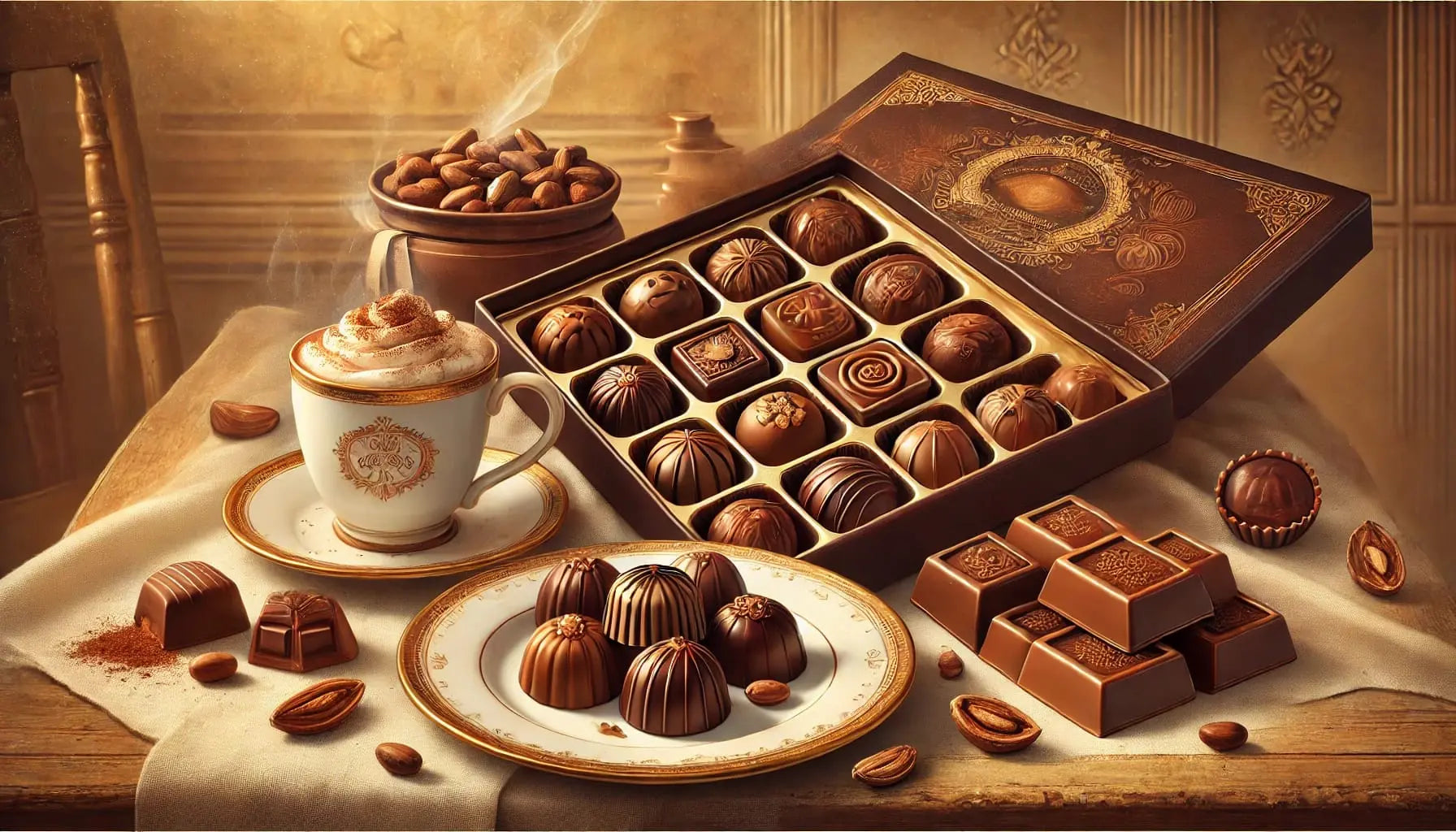 Edle Pralinen mit Espresso und Kakaobohnen auf edler Holzplatte arrangiert.