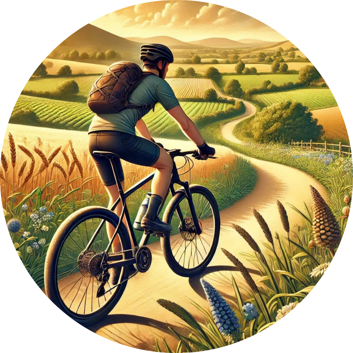 Ein Mann fährt mit dem Fahrrad durch eine goldene Landschaft mit Feldern und Hügeln – ein idyllisches Bild für Outdoor- und Fahrradliebhaber.