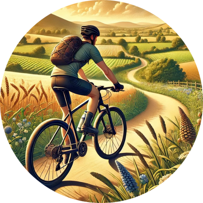 Ein Mann fährt mit dem Fahrrad durch eine goldene Landschaft mit Feldern und Hügeln – ein idyllisches Bild für Outdoor- und Fahrradliebhaber.