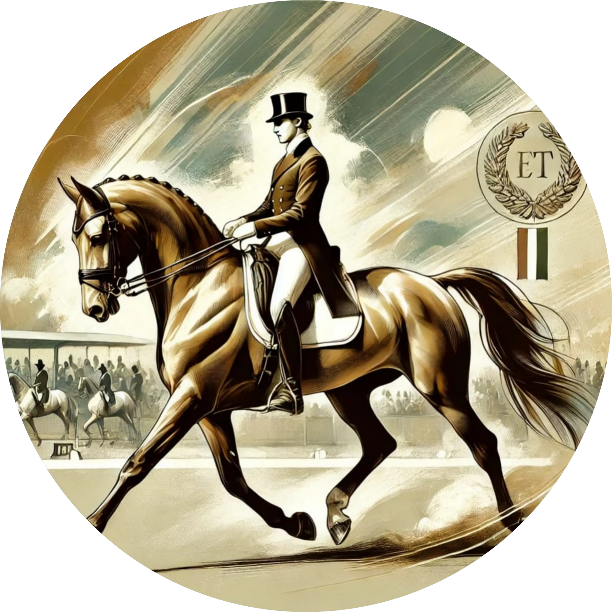 Elegante Reiterin auf einem galoppierenden Pferd vor einer klassischen Turnieruhr – ein edles Motiv für Fans des Reitsports und Pferdeliebhaber.