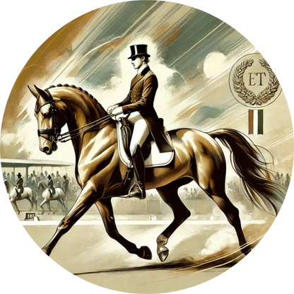 Elegante Reiterin auf einem galoppierenden Pferd vor einer klassischen Turnieruhr – ein edles Motiv für Fans des Reitsports und Pferdeliebhaber.