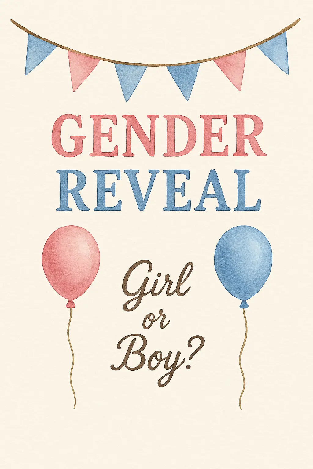 Gender Reveal Poster in zarten Farben mit pinkem und blauem Ballon, darüber der Schriftzug „Gender Reveal – Girl or Boy?“ und bunte Wimpelkette.