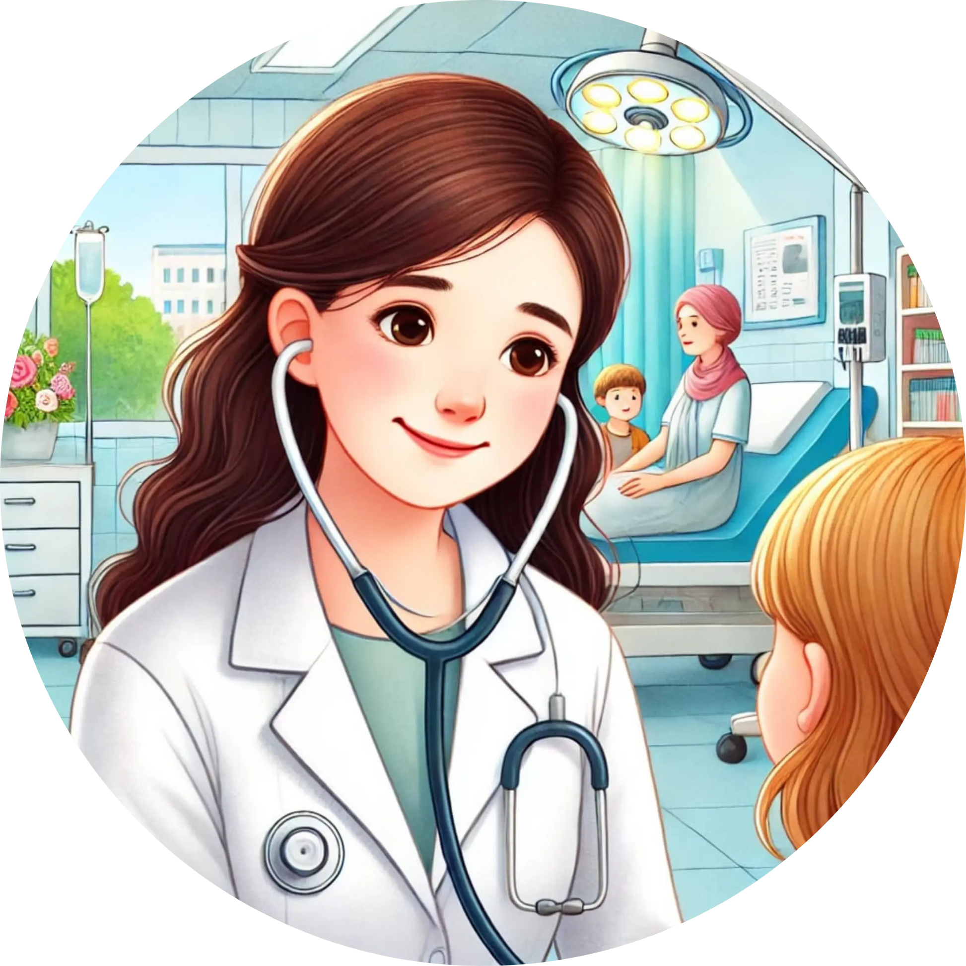 Eine freundliche Ärztin hört ein Kind mit einem Stethoskop ab – weißer Kittel, heller Praxisraum im Hintergrund.