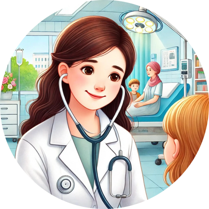 Eine freundliche Ärztin hört ein Kind mit einem Stethoskop ab – weißer Kittel, heller Praxisraum im Hintergrund.